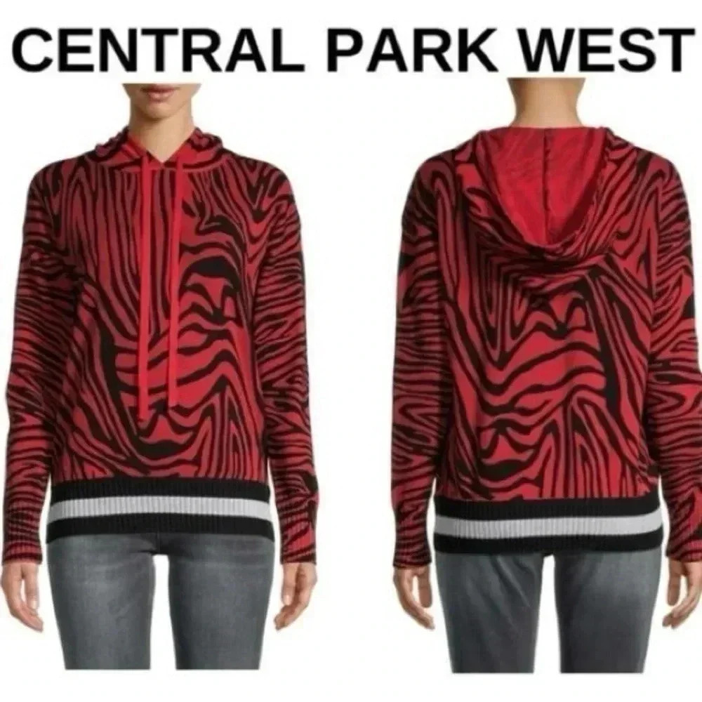 CENTRAL PARK WEST Red Black Tiger Animal Print Hooded Sweater Pullover Size S